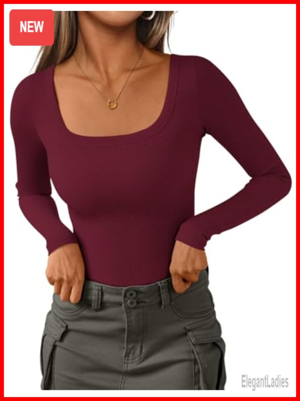 Women's Slim Fit Scoop Neck Long Sleeve Ribbed Knit T-Shirt Casual Top